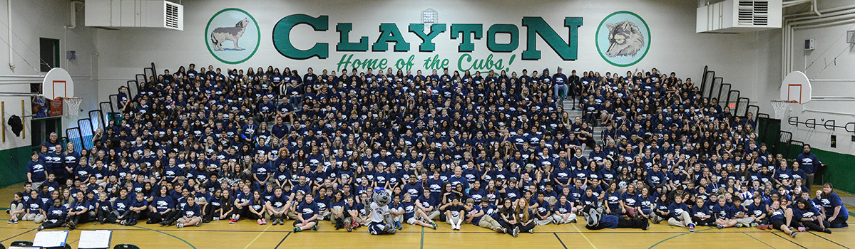 Group photo from Clayton Middle School's College Day Rally with University of Nevada, Reno