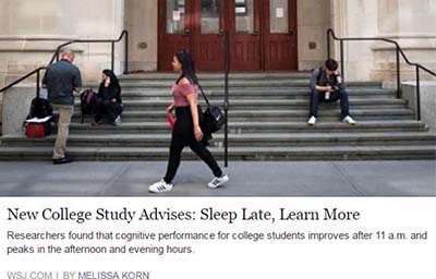 Image: the campus of Hunter College of The City University of New York. Text Below Image: A researcher says schools still generally operate on a schedule that is most convenient for older adults, not students. Above, the campus of Hunter College of The City University of New York. PHOTO: DREW ANGERER/GETTY IMAGES. WSJ.COM article by Melissa Korn