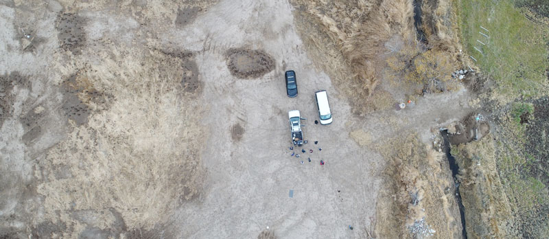 Aerial drone photo of group of students