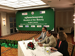 Zeb Hogan, Cambodia Secretary of State Nao Thuk and USAID-Cambodia mission director Polly Dunford speak to media during Wonders of the Mekong launch announcment.