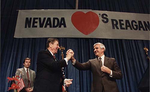  Save Contact Print Item: Photograph of Ronald Reagan and Paul Laxalt in Nevada, 1984