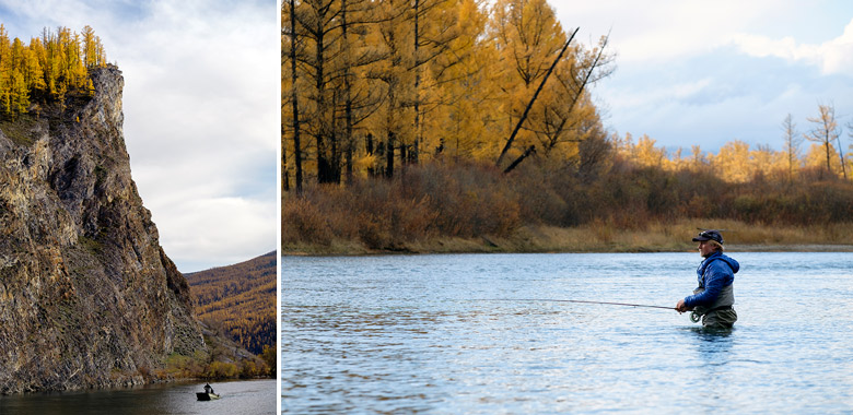 left: fishing boat in the Eg River. right: Scott Tyler fly fishing