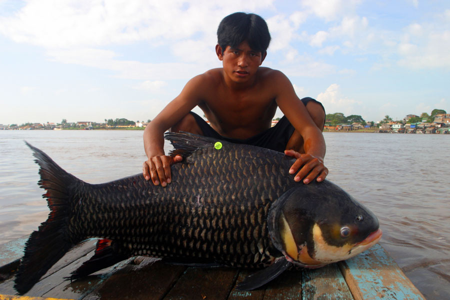 Young man poses for a photo on a dock with a large black fish