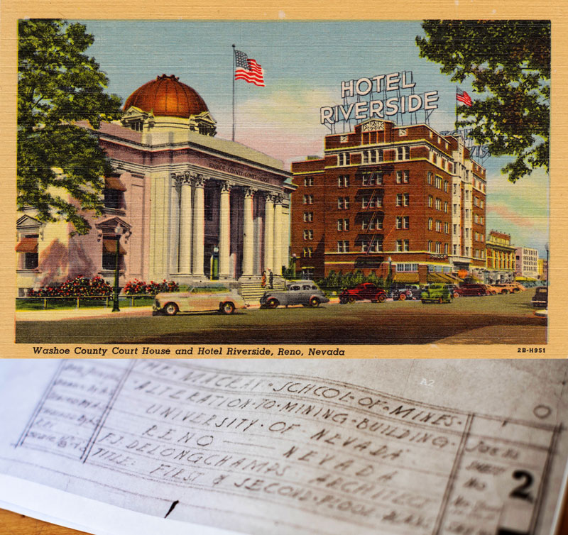 POstcard of Riverside Hotel and photo of blueprints