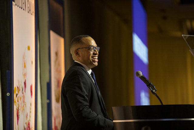 Dr. Darryll Patterson, chair and associate professor of internal medicine, speaking at a podium