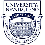 A University of Nevada, Reno 150th anniversary logo, with the words University of Nevada, Reno above a banner that says 150 years. Below the words is a drawing of Morrill Hall surrounded by the words "Inspiring Excellence Since 1874". The logo is flanked by 1874 on the left and 2024 on the right.