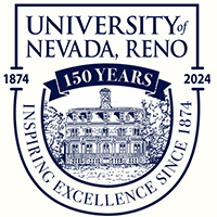 A University of Nevada, Reno 150th anniversary logo, with the words University of Nevada, Reno above a banner that says 150 years. Below the words is a drawing of Morrill Hall surrounded by the words &quot;Inspiring Excellence Since 1874&quot;. The logo is flanked by 1874 on the left and 2024 on the right."