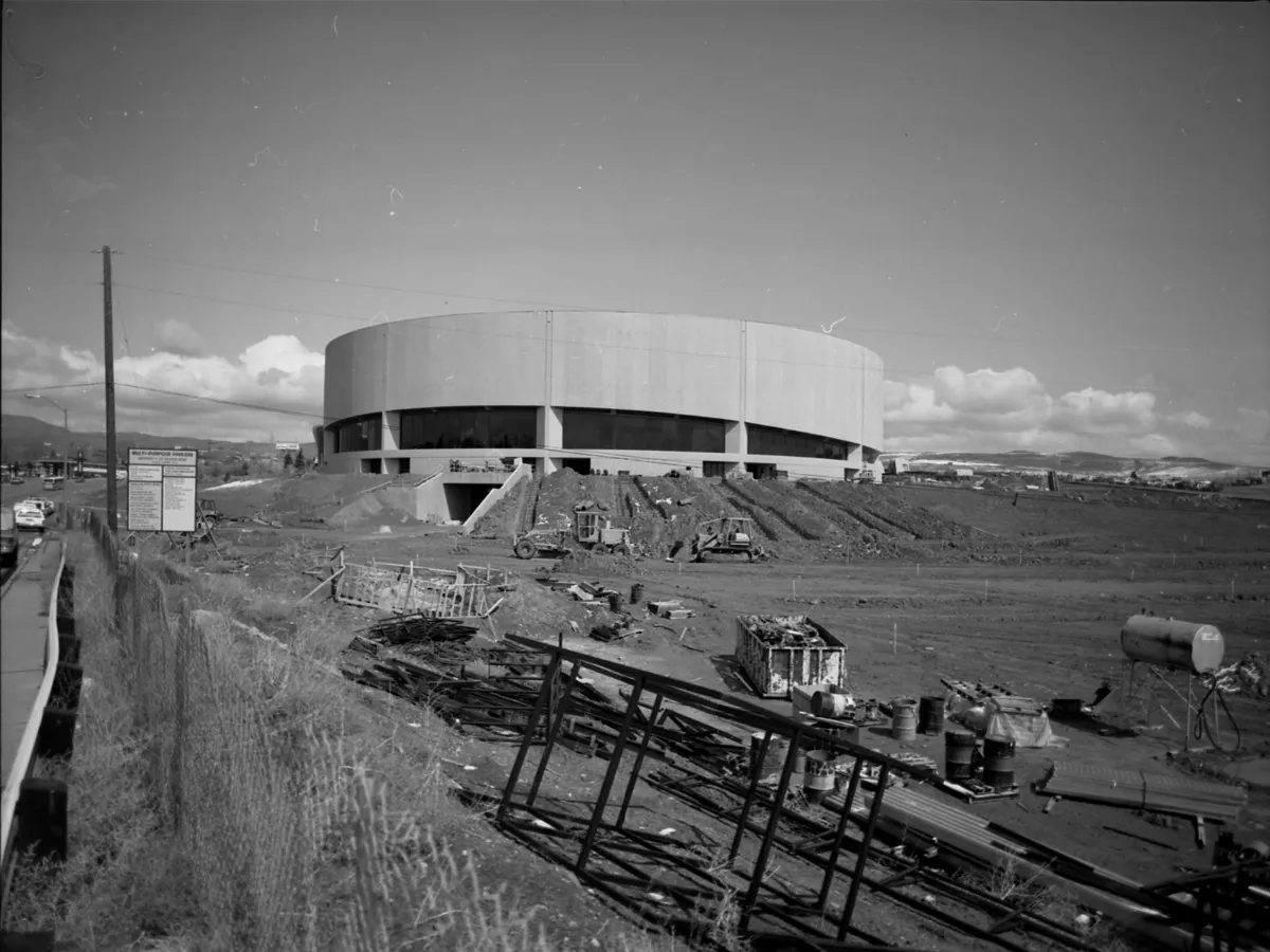 This black and white photo from 1982 shows Lawlor Events Center under construction.