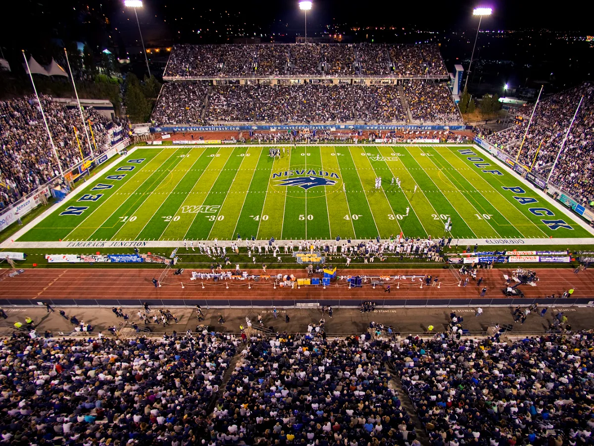 Fans fill the stands at Mackay Stadium for a Nevada football game.