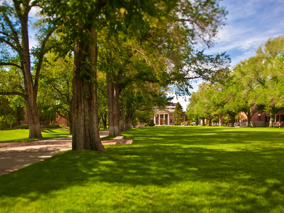 A view of the University of Nevada, Reno Quad looking north, showing large trees surrounding the grass of the Quad. Mackay School of Mines is visible in the distance.