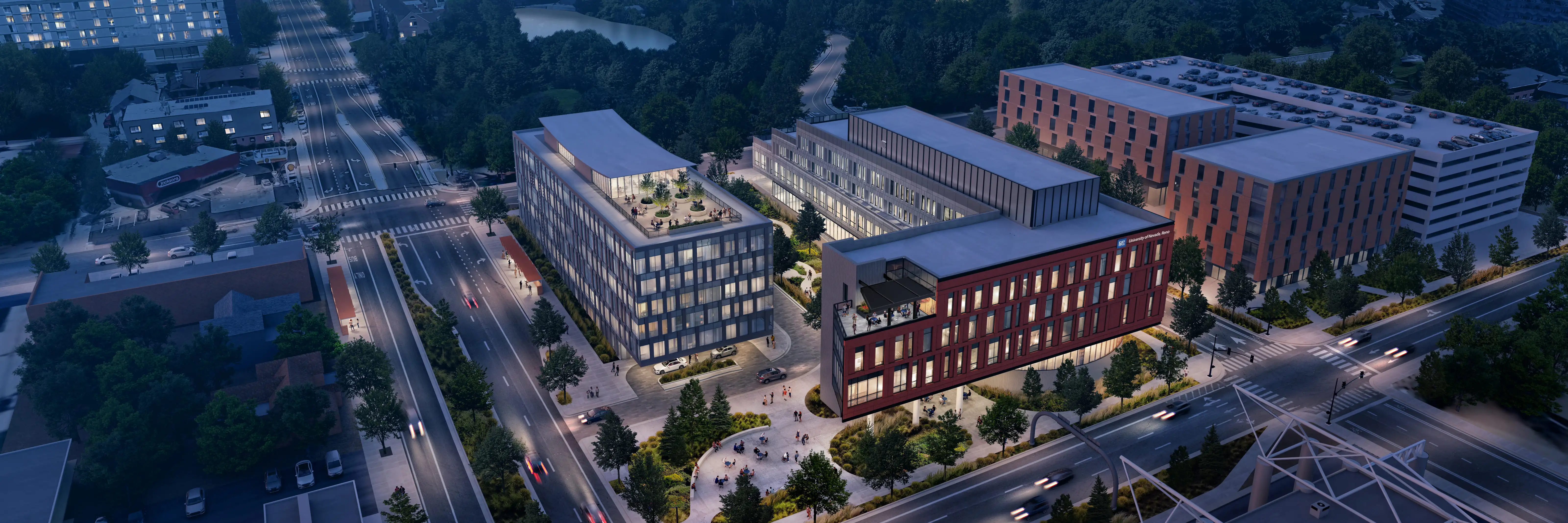 Evening exterior of the proposed College of Business building in the Gateway District.