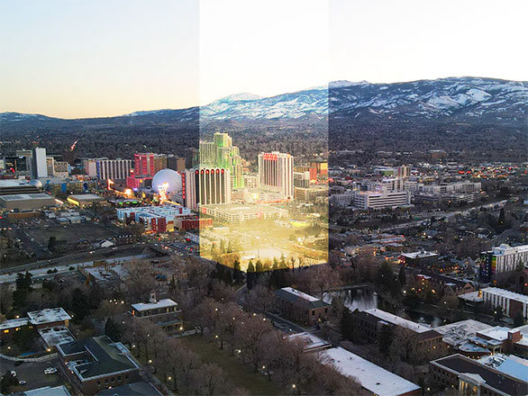 Aerial view of Reno indicating where the footprint of the proposed College of Business building will be.