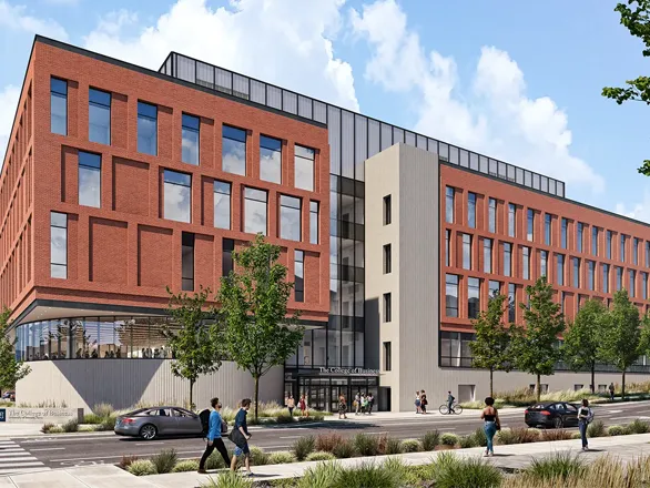 Artist's rendering of the new College of Business from a corner view, showing the modern brick exterior, along with walking paths filled with people.