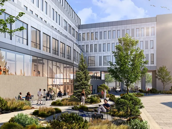 Artist's rendering for a courtyard of the new College of Business building, a large, L-shaped building with large glass windows.