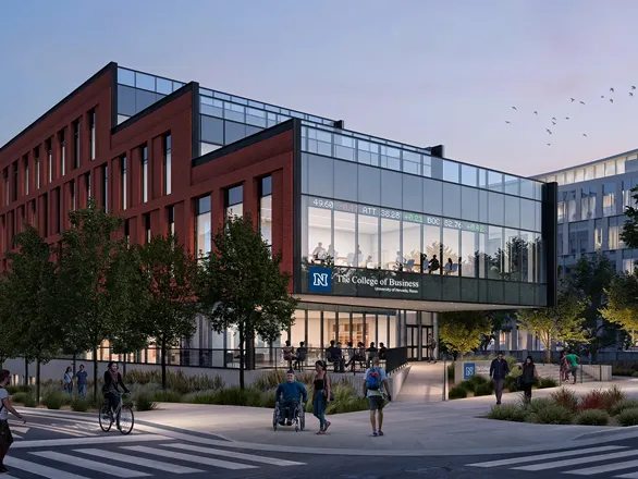 Artist's rendering of the new College of Business building during the evening, with people walking in front of the modern brick building with illuminated windows, with walking paths and trees lining the building.