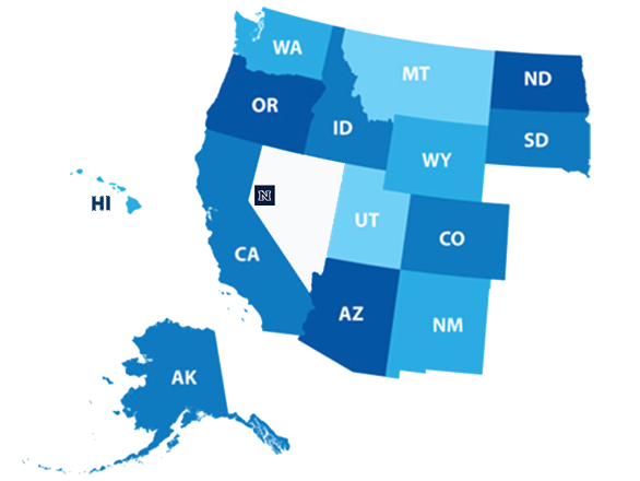 An artist drawing of the Western United states with the states in different shades of blue and the state abbreviations in white letters. The Nevada logo is situated where Reno is located and the background color of Nevada is white.