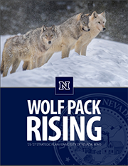 Cover of Wolf Pack Rising Strategic Plan, with three wolves standing in the snow and the words "Wolf Pack Rising" below the picture.
