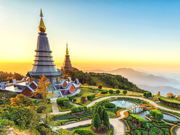 Landscape of two pagoda at the Inthanon mountain at sunset in Chiang Mai, Thailand.