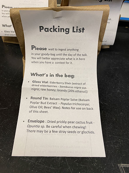 A brown paper lunch sack. It has papers stapled to it, calling it a goodie bag and asking students not to open it until the lecture begins.