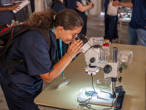 student looking through microscope