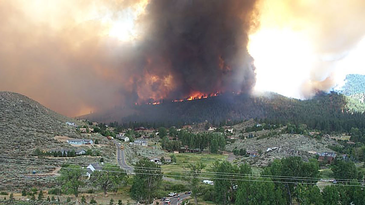 Waterfall Fire burning on a mountain with smoke in the air.