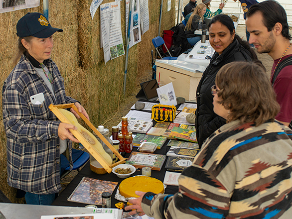 Bees4Vets volunteer presenting honeycomb to visitors
