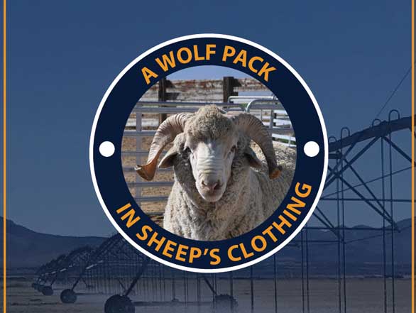 Wool products tag: A circle of text around an image of a Rafter 7 sheep reads, 'A Wolf Pack in Sheep's Clothing.' In the background is a wheel line irrigation system on a Great Basin Research & Extension Center field.