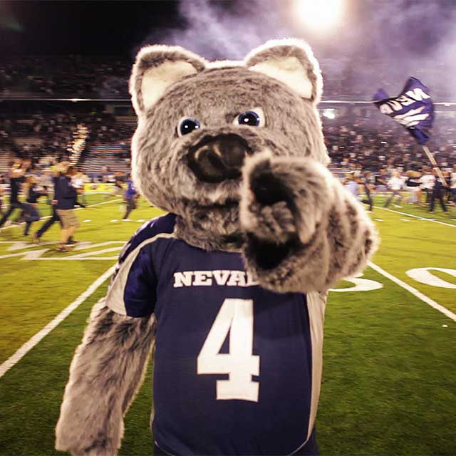 Nevada Wolfpack mascot Wolfie pointing at you