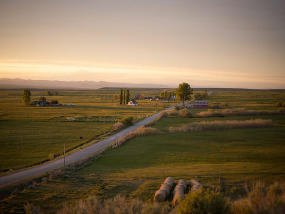 A rural Nevada landscape shows a farming community