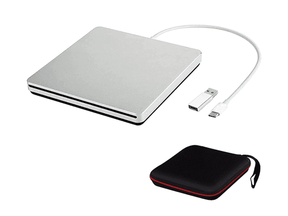 Silver external CD, DVD and drive burner and a black case to its right.