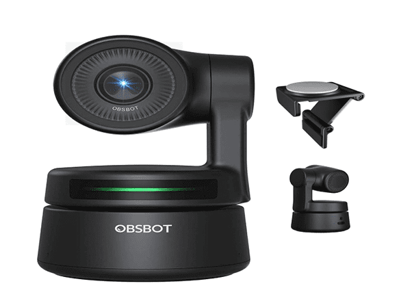 Black OBSBOT webcam with its mounts shown to the right.