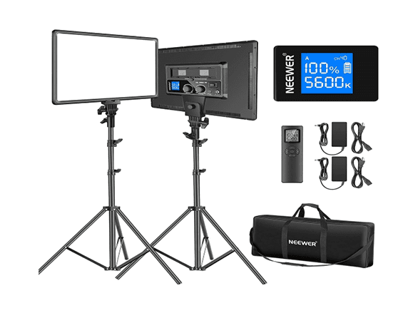 Image showing the front and back of the Neewer LED light panel. The light panel's battery, remote cables and storage bag is also shown.