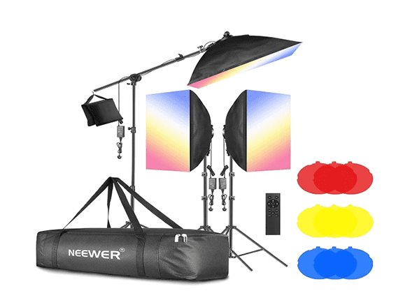 Th Neewer LED softbox lights are shown along with the bag, remote and colors red, yellow and blue.