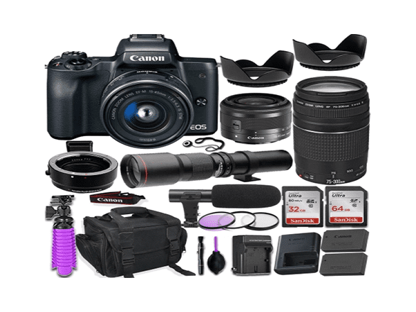 Canon EOS M50 shown with its lenses, memory cards, storage bag, microphone and other accessories.