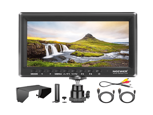 Neewer camera field monitor shown with mounting accessories and cables.