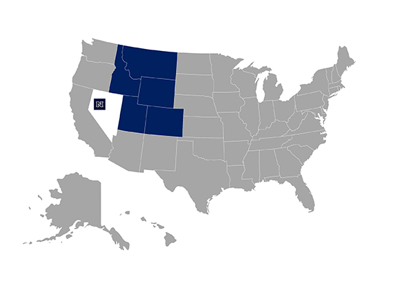 United States with all states same color except for Utah, Idaho, Montana, Wyoming, and Colorado. Nevada is different with block N.