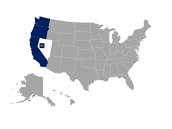 United States with all states same color except for Oregon, Washinton, and California. Nevada is different with block N.