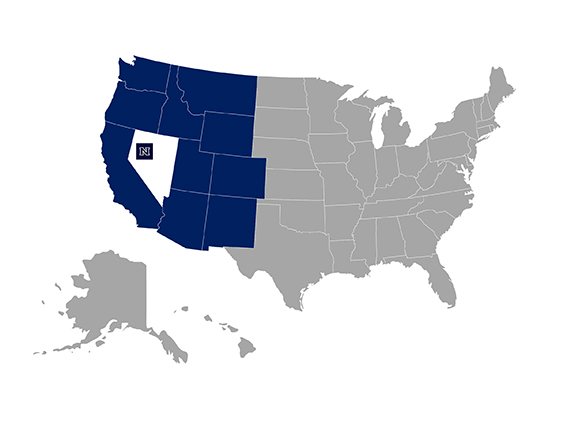 United States with all states same color except for Oregon, Washinton, and California, Arizona, Colorado, Idaho, Montana, Wyoming, New Mexico, and Utah. Nevada is different with block N.
