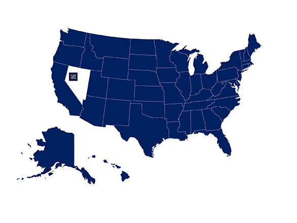 Map of US in blue and Nevada White with UNR logo