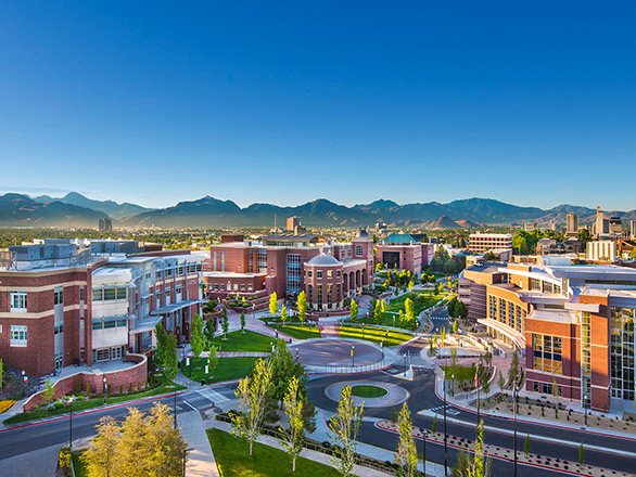 Aerial view looking southward over campus in early morning light.