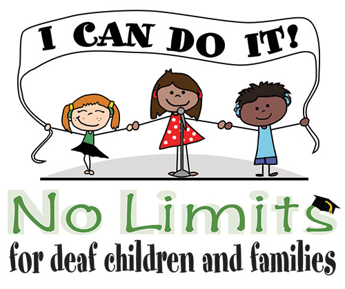No Limits logo with three children holding "I can do it" banner and No Limits for deaf children and families below