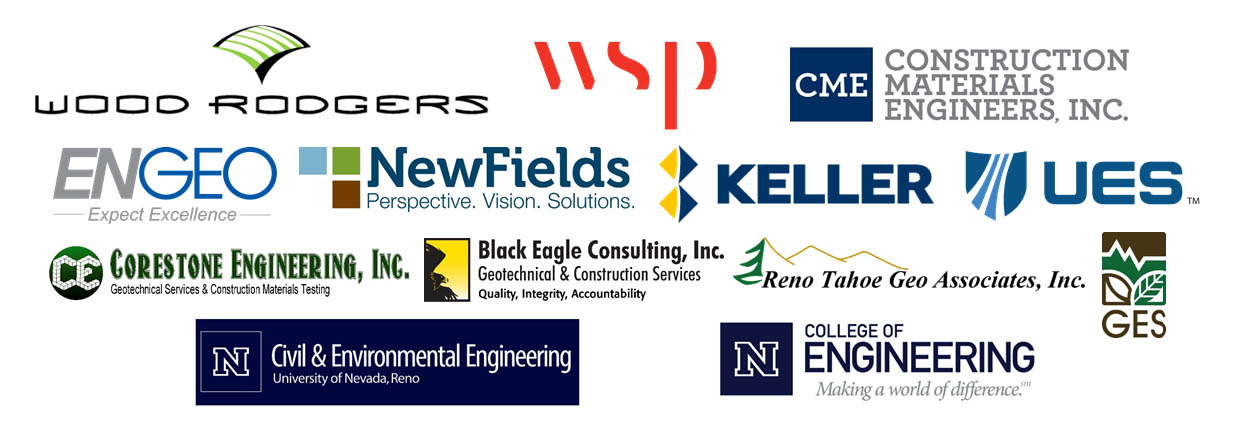 logos for Wood Rogers; WSP; Construction Materials Engineers, Inc.; EnGEO; NewFields; Keller; UES; Corestone Engineering, inc.; Black Eagle Consulting; Reno Tahoe Ceo Associates, Inc; GES; University of Nevada, Reno Civil & Environmental Engineering Department; University of Nevada, Reno College of Engineering