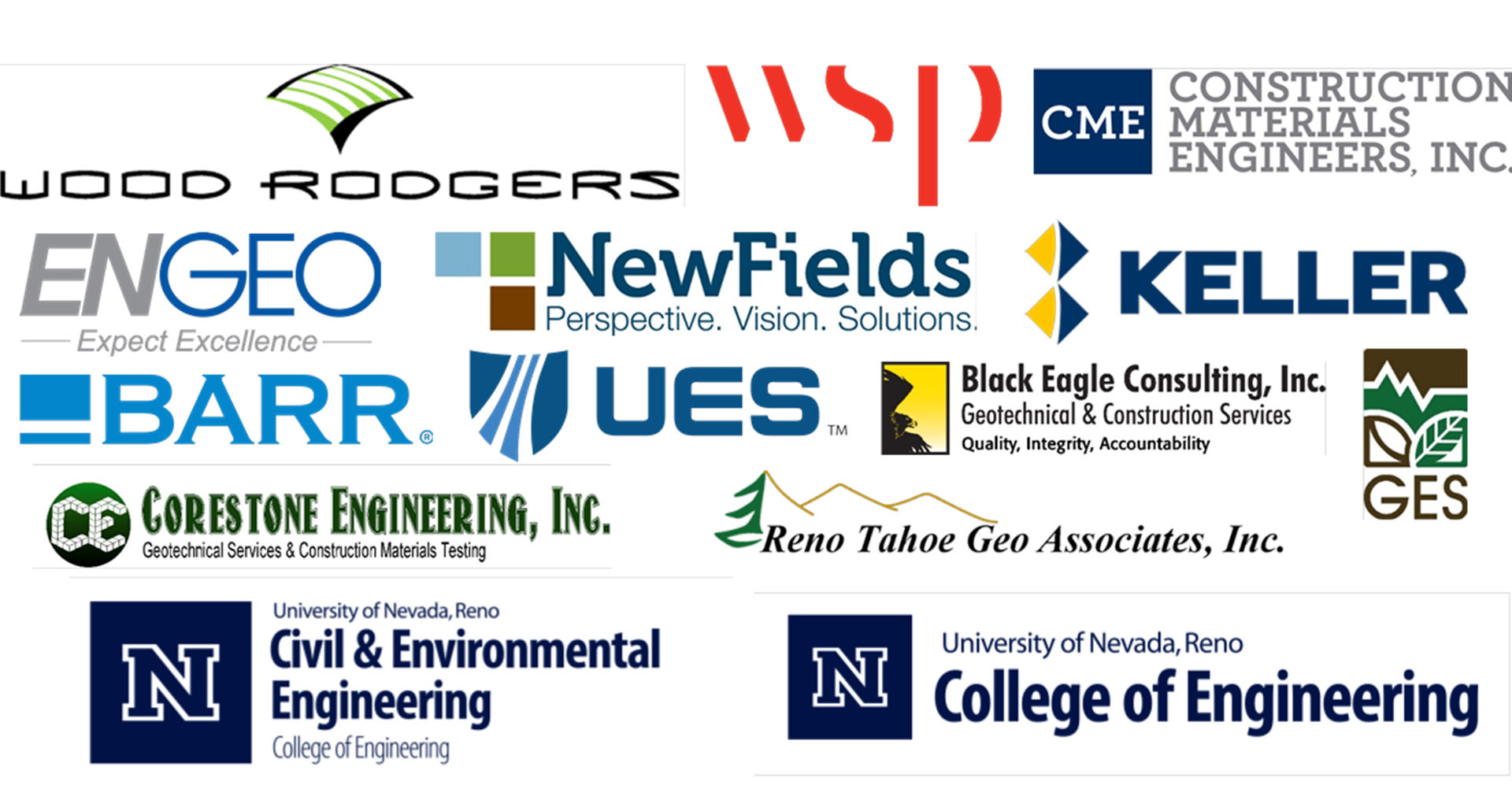 Logos for Wood Rogers, WSP Consulting, Construction Materials Engineers, ENGEO, New Fields, Keller, Barr, UES, Black Eagle Consulting, GES, Corestone Engineering, Reno Tahoe Geo Associates, Inc. UNR Civil & Environmental Engineering, UNR College of Engineering