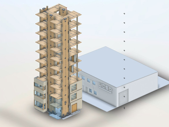 Artist's rendering of a building and shake table