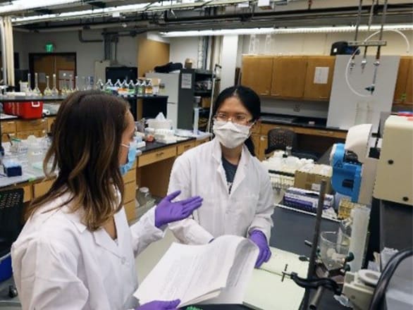 Two researchers in lab wearing white lab coats and purple gloves talking