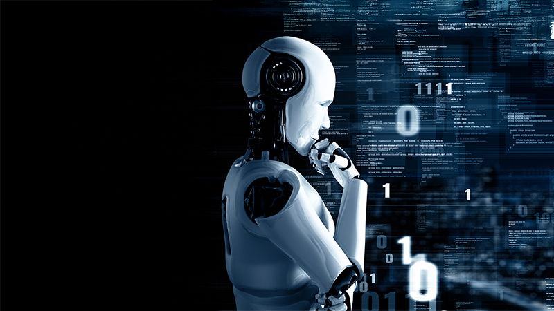Illustration of a robot with a human-like face with a hand under its chin in a pondering pose with light colored code on a dark background.