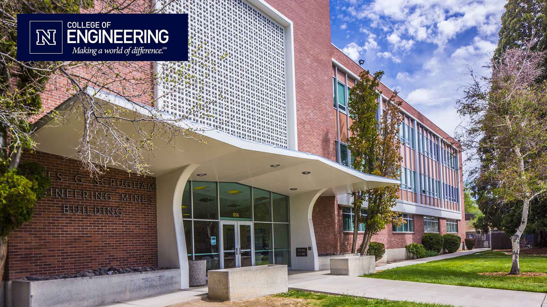 Scrugham Engineering and Mines Building with College of Engineering logo