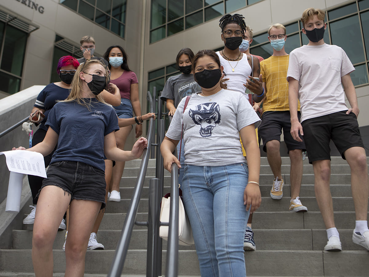 students on stairs in front of the William N. Pennington Engineering Building