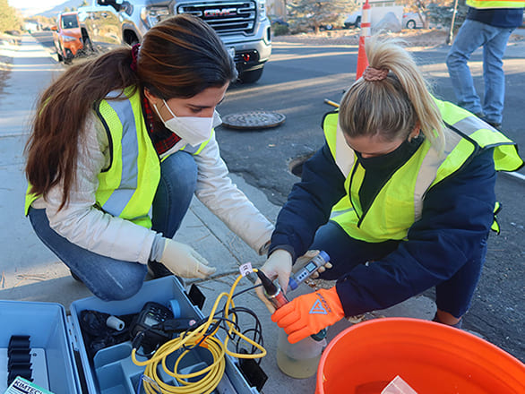 Researchers collecting a sample on the side of a road
