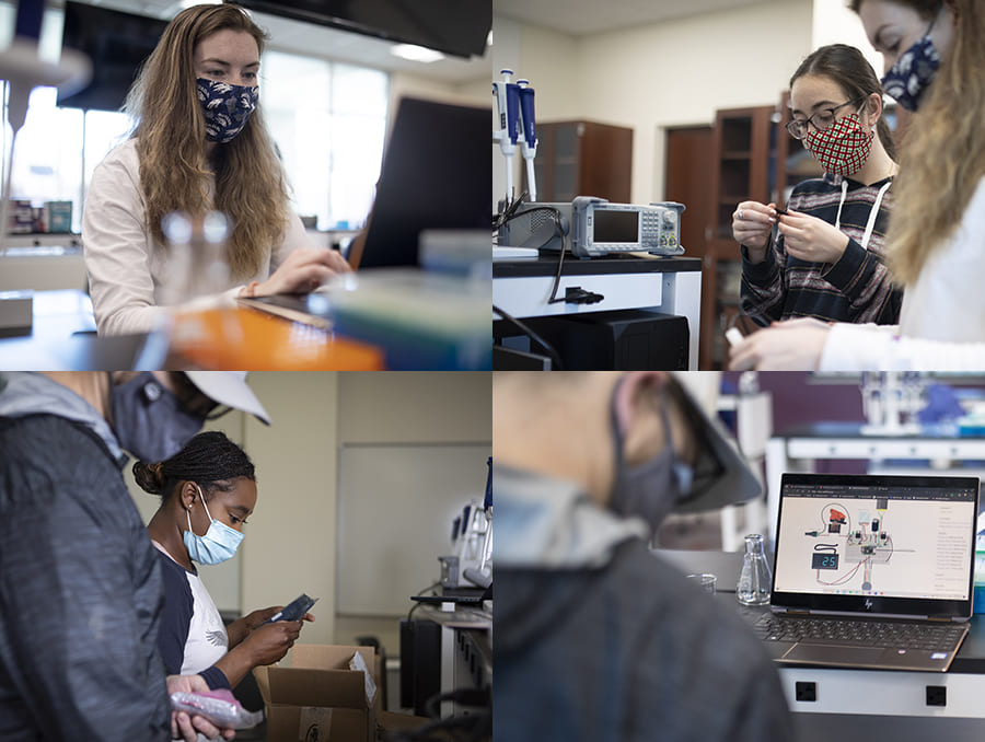 Collage of students working in lab with computers and electronic devices